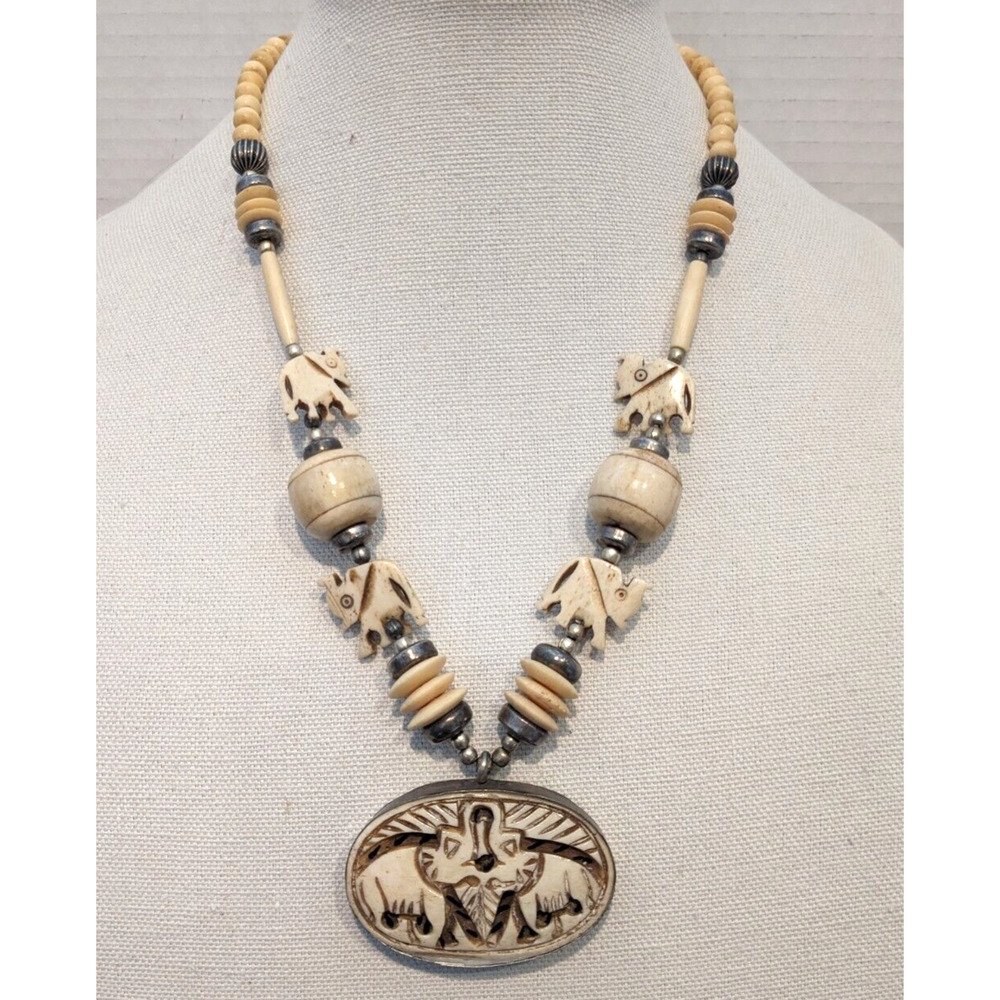 Vintage Carved Double Elephant Necklace Pendant Statement Boho Tribal Goodluck